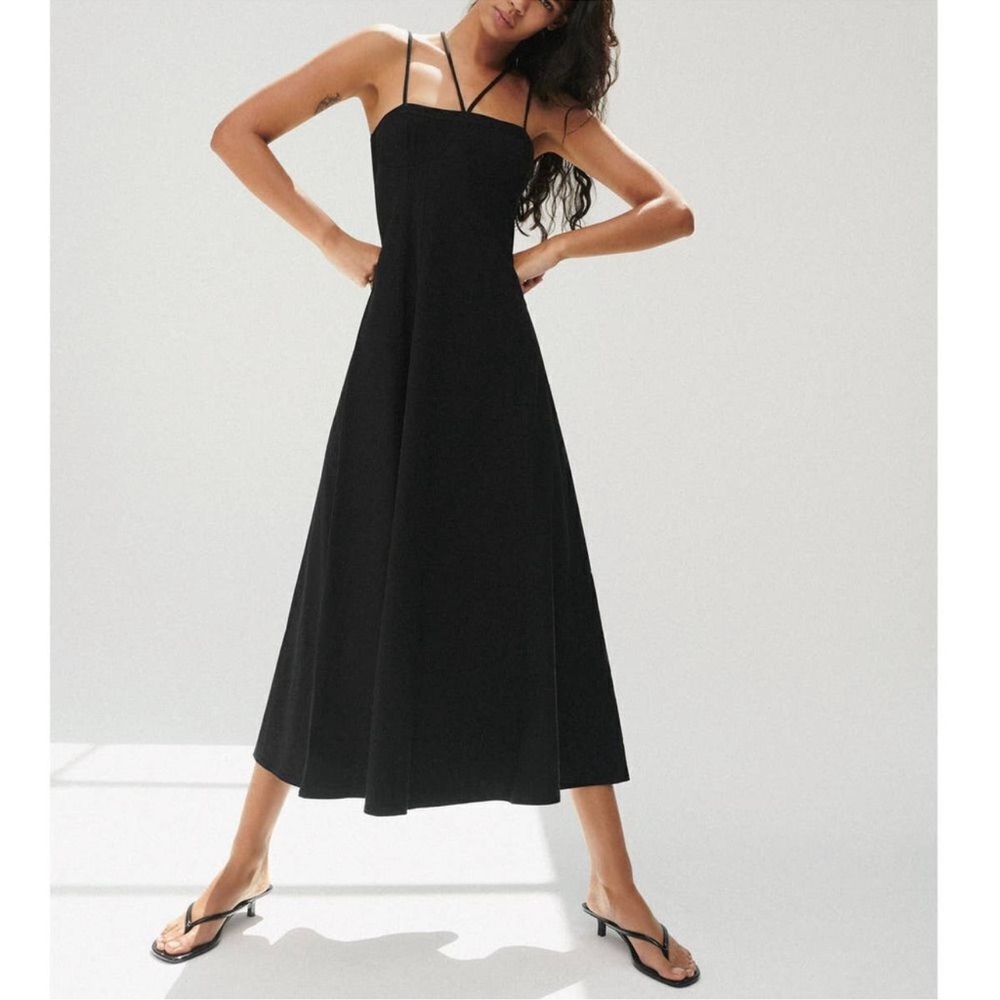 NWT ZARA Black Midi Linen Strappy Dress